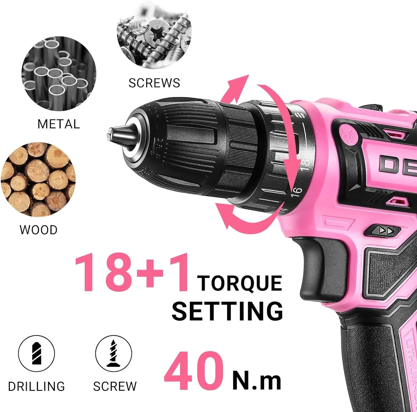 DEKO Pink Cordless Drill 20V