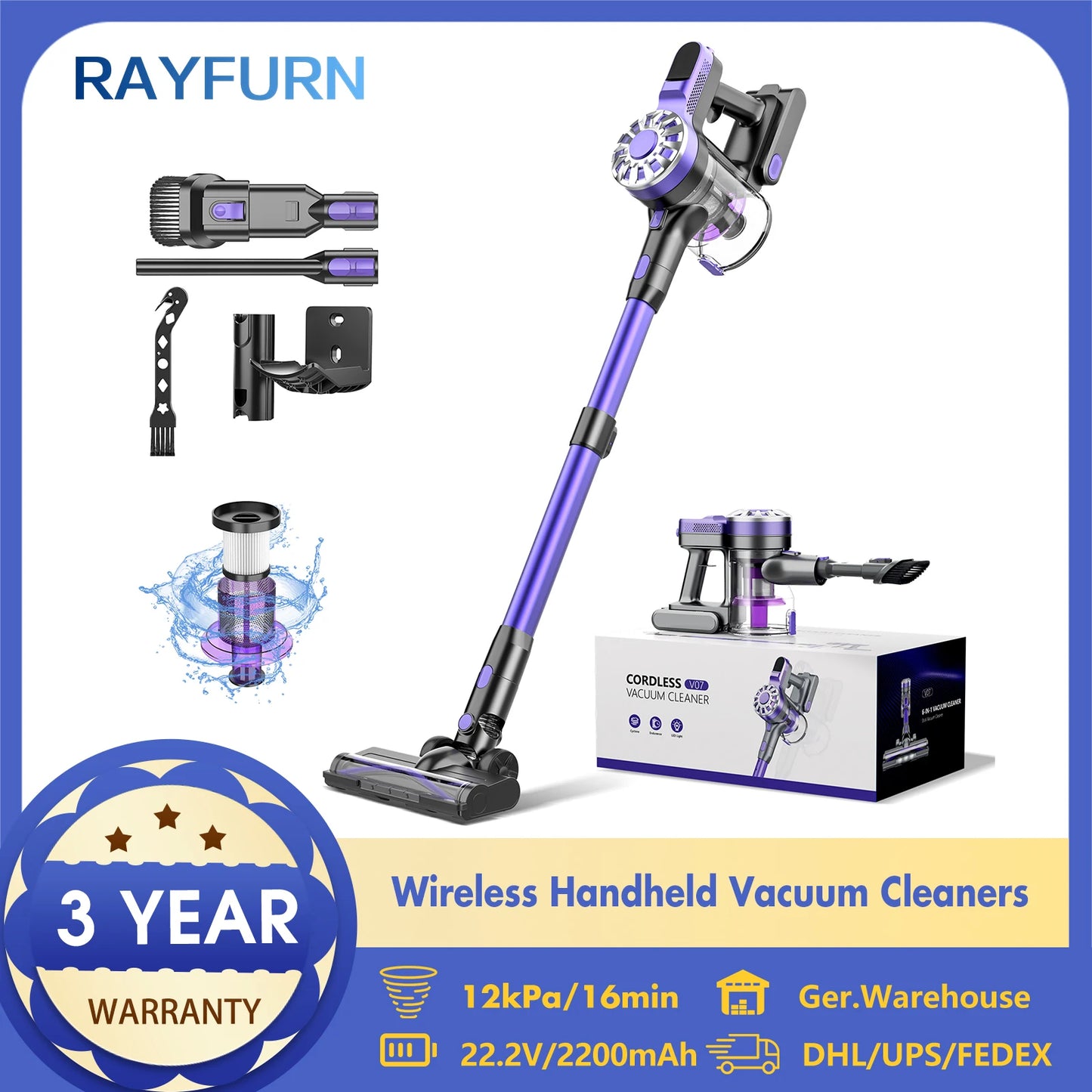 Rayfurn V07 500W 60kpa Wireless Handheld Vacuum Cleaners