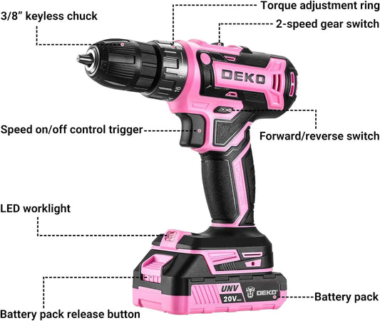 DEKO Pink Cordless Drill 20V